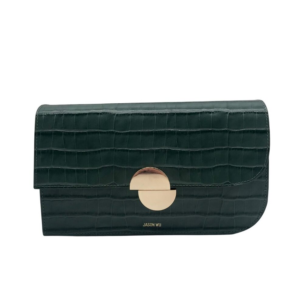Jason Wu Sage Leaf Croc Embossed Orbit Leather Clutch